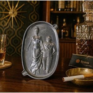 Vintage Speakeasy Aluminum Ashtray Risqué Couple "OH!" Double Sided Novelty